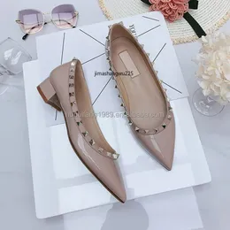 Lacquer Leather Riveted High Heels Pointed Shallow Mouth Flat Bottom Versatile Fashion Women's Single Shoe
