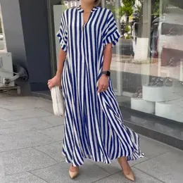 Casual Dresses Women Striped Printed Side Split Shirt Summer Short Sleeve V Neck Long Dress Oversized Maxi Robe De Plage