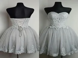 2019 lindo curto vestidos de baile querida sem mangas prata cinza renda apliques espartilho volta tule formal vestidos de festa custom made2005793