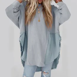 Women's T Shirts Solid Color Patchwork T-Shirt Fashion Casual Loose Irregular Hem Top Round Neck Pullover Sudaderas