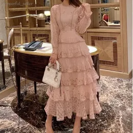 Pink Lace Embroidery Maxi Dress Female Spring Winter Full Sleeve High Waist Ruffle Elegant Long Party Dresses Woman 225