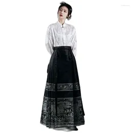 Work Dresses 2024 Autumn Chinese Style Female Clothes Set Black White Long Lantern Sleeve Shirts High Waist Pleated Skirt Twinset Vintage