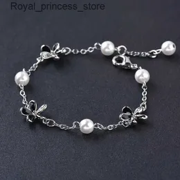 Charm Bracelets Link s LEEKER Korean Fashion Black Enamel Flower For Women Silver Color Pearl Wedding Accessories Jewelry 039 LK3 Q240321