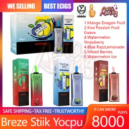 100 % Original BREZE STIIK Yocup 8000 Puff Einweg-E-Zigaretten-Vape-Stift mit wiederaufladbarem E-Juice-Akku mit 400 mAh, 17 ml Fassungsvermögen, 8K Puffs, 6 verschiedene Geschmacksrichtungen
