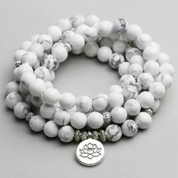 Damen-Armband, weiße Howlith-Perlen mit OM-Buddha-Charm, Yoga-Männer-Armband, 108 Mala-Halskette, Tropfenstein-Schmuck 240320