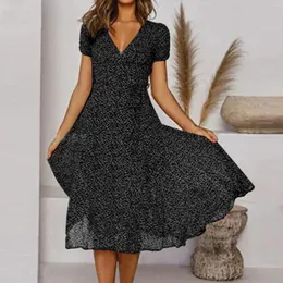 Vestidos casuais polka dot print longo feminino manga curta joelho comprimento sundress feminino macio poliéster bandagem cintura