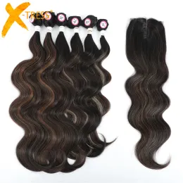 Pacote de pacote de pacote Xtress Pacotes de cabelo de onda corporal com fechamento de parte média tecido de cabelo sintético macio para mulheres negras 7pcs um pacote