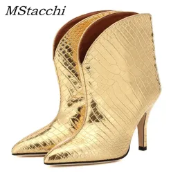 Sandalen Mstacchi Gold Fashion Ladies Boots Frühling Herbst Herbst Herbstschuhschuhe Pinted Zehen -Knöchelstiefel für Frauen Leopardenmuster Hihg Heels Schuhe