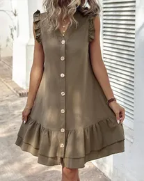 Casual Dresses Women's Dress 2024 Summer Sweet Fashion Sleeveless Frill Hem Mini Vacation Button Front Ruffle V-Neck