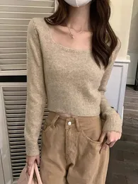 Kvinnor Crop Knit tröja stickad tröja Pullover Långärmning Slim Fit Tops Korean Style Winter Women's Clothing 240321