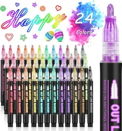 24 لون خط مزدوج الخطوط العريضة Art Pen Marker DIY Graffiti Highlighter Scrapbook Card Poster 240320