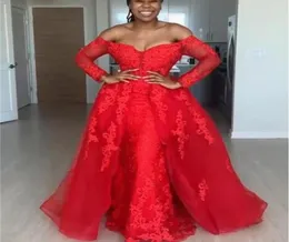 Красная верхняя юбка Вечерние платья с открытыми плечами Кружевные аппликации Африканские платья выпускного вечера Memaid со шлейфом Бальные платья больших размеров robes5359880