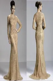 2020 ouro sexy manga longa jóia vestido de noite zíper varredura trem formal vestidos de baile mãe com renda frisada pérola apliques árabe3769492