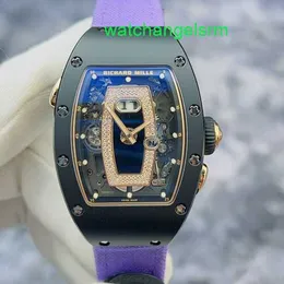 RM Watch Movement Watch Nice Watch RM037 여자 시계 시리즈 블랙 세라믹 재료 측면 로즈 골드 데이트 디스플레이 중공 다이얼 기계식