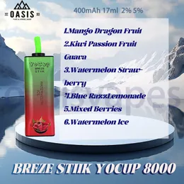 ORGINAL BREZE STIIK YOCUP 8000 PULDS Disponibla VAPE-enhet Electronic Cigarette 6 Smaker 600 mAh Uppladdningsbart batteri med E-Liquid Battery Indicator LED-lampor