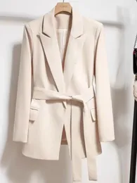 Womens Blazers Spring Autumn Suit Coat Beige Tie Up Jacket Slim Fit Stylish Top Outerwear Office Lady Blazer For Women Clothing 240321