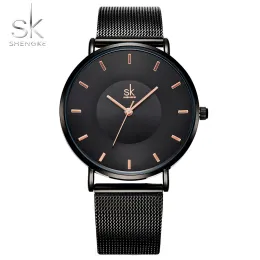 Bilezikler shengke moda siyah saat kadınlar için klasik relogio feminino ultra ince kuvars saat kadın ayarlanabilir örgü kayış montre femme