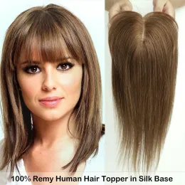 Toppers, 100 % Remy-Echthaar-Topper mit Pony, honigbraune Haarteile für Frauen, Seidenbasis, Clip-in-Topper zur Abdeckung von dünner werdendem Haarausfall