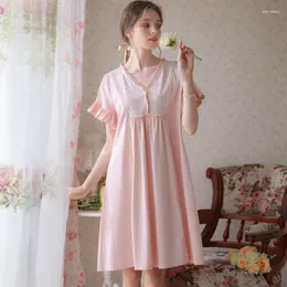 Mulheres sleepwear manga curta vestido de dormir princesa meninas verão v pescoço bonito noite desgaste mulher retro doce solto algodão rosa fg546