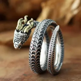 Chinese Ethnic Wind Dragon Silver Color Ring with Horns Poisonous Snake Ring Charm Mens Punk Jewelry Accessories