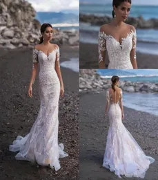 Naviblue 2020 Full Lace Long Sleeves Mermaid Wedding Dresses Appriqued Bridal Gowns Custom Sweep Train Beach Wedding Dress vestido9863963