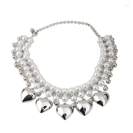 Ketten Modische Herz-Perlen-Halskette, handgefertigte doppellagige Halskette, stilvolle Schlüsselbeinkette für Frauen und Mädchen, eleganter Halsreif
