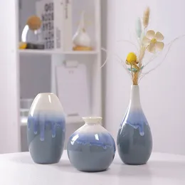 Vasen, Retro-Stil, chinesischer Stil, Farbverlauf, Heimdekoration, schlichte weiße Vase, Blumenarrangement, Keramikornament, kreative Fließglasur, Blau