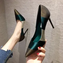 Pompe 2023 FASIONE Spring Sexy High Teli Donne Pompe puntate Office Lady Scarpe da lavoro in stile francese Black Green