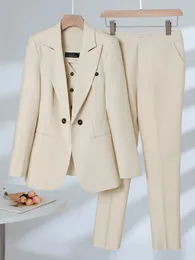 Women Formal Blazer Vest and Pant Suit Autumn Winter Navy Pink Apricot Office Ladies Business Work Career Wear 3 Pieces Set 240319