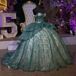 Blackish Green Shiny Quinceanera Dress 2024 Off the Shoulder Beading Crystal Sparkling Ball Gown Birthday Party Gown Robes 15 DE