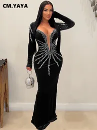 CM.YAYA Kadın Elmaslar Rhinestones Kadife Uzun Kollu Deniz Kızı Doğum Günü Bodycon MIDI Maxi Elbise 2024 Seksi Parti Uzun Elbiseler 240312