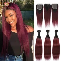 Wigs T1B/99J Red Color Brazilian Burgundy Straight Hair Bundles With Closure Applegirl Remy Human Hair 2/3/4 Ombre Bundles & Closure