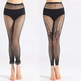 Women Socks Sexy Mesh See Through Footless Tights Floral Striped Jacquard Patterned Sheer Fishnet Pantyhose Black Hosiery Stockings