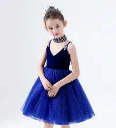 Sweet Wine Royal Blue Velvet/Tulle V-hals Kort ärmar Flower Girl Dresses Girl's Pageant Dresses Girls Birthday/Party Skirt Girl Everyday Dress Custom SZ 2-12 D321064