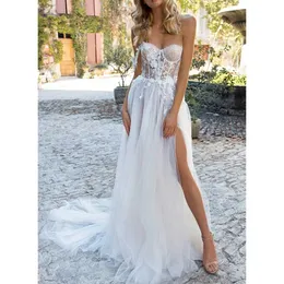 Abiti da sposa bohémien con spalle scoperte Abiti da sposa con applicazioni in pizzo illusione Spiaggia A Line Robes De Mariee