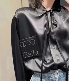 Black White Women Silk Blouses 2024 Fashion Plaid Shirt OL Style Blouses Long Sleeve Female Shirt with Letters Embroidery Fashio Womens loose Blouses