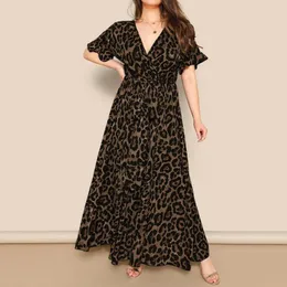 Casual Dresses Leopard Hög midja för kvinnor Bröllopsgäst maxi klänning med bälte fladder kort ärm lågklippt ruffle gunga länge