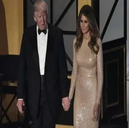 2020 Nya Melania Trump Sequined Champagne Celebrity -klänningar sjöjungfru Crew -halsringning med illusion Långärmar golvlängd kväll dr6631851