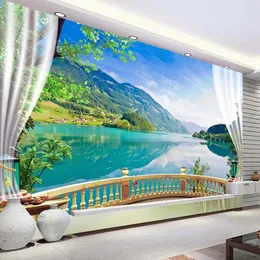 Wallpapers personalizado 3d po papel de parede varanda janela céu azul nuvens brancas lago floresta cenário sala de estar sofá tv pano de fundo mural papel de parede