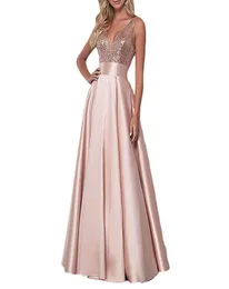 Eleganckie różowe złoto cekiny długie sukienki wieczorne seksowne vneck backless imprezowe suknie na imprezę