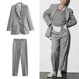 Traf feminino blazer conjunto de duas peças moda com decote em v casual calças largas corte reto elegante terno 240219