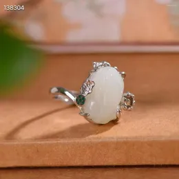 Cluster Rings Natural Real 925 Sterling Silver Inlaid White Hetian Jade Brave Troops Open Ring For Women Engagement Gift