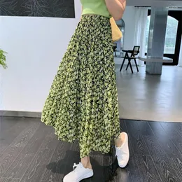 Kjolar chiffon boho maxi kjol för kvinna elastisk hög midja veckade en linje söt mid-kalf koreansk stil droppe