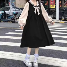 Basic Casual Dresses Bow Patchwork Sailor Collar Long Sle Dresses Summer Kaii Loose Black Long Dress New Spring Korean Fashion Vintage SkirtC24315