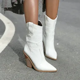 Sandaler 2022 Autumn Women Boots Pu Leather Wedge High Heel Ankle Boots Winter Cowboy Boots Fashion Western Boots Woman Denim Shoes