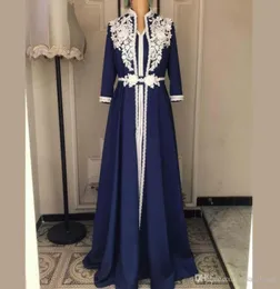 Muslim Evening Dress Moroccan Kaftan Navy Robe De Soiree Dubai Lace Applique Formal Dress Long Sleeve Women Evening Gown4709209