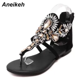 Sandals Aneikeh Rhinestone Luxury Diamond Roma Women Pinch Toe Designer Brand High Quality Strap Female Flat Sandals Size 3540