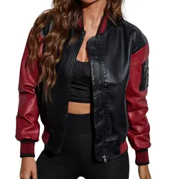 Jaqueta feminina casual zip up casacos outerwear retalhos blusão esfrega jaquetas de couro senhoras motocicleta 240315