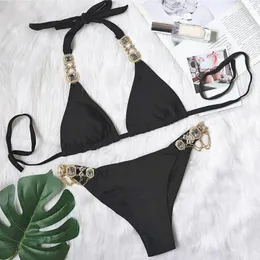 Mulheres Swimwear Mulheres Outfit Bronzing Snakeskin Imprimir Bikini Set com Strass Cadeia Halter Push Up Swimsuit para Brasileiro