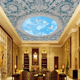 Wallpapers Customize European Gypsum Line Embossed Blue Sky Clouds Creative Ceiling Wall Custom Large Mural Green Wallpaper Papel De Parede